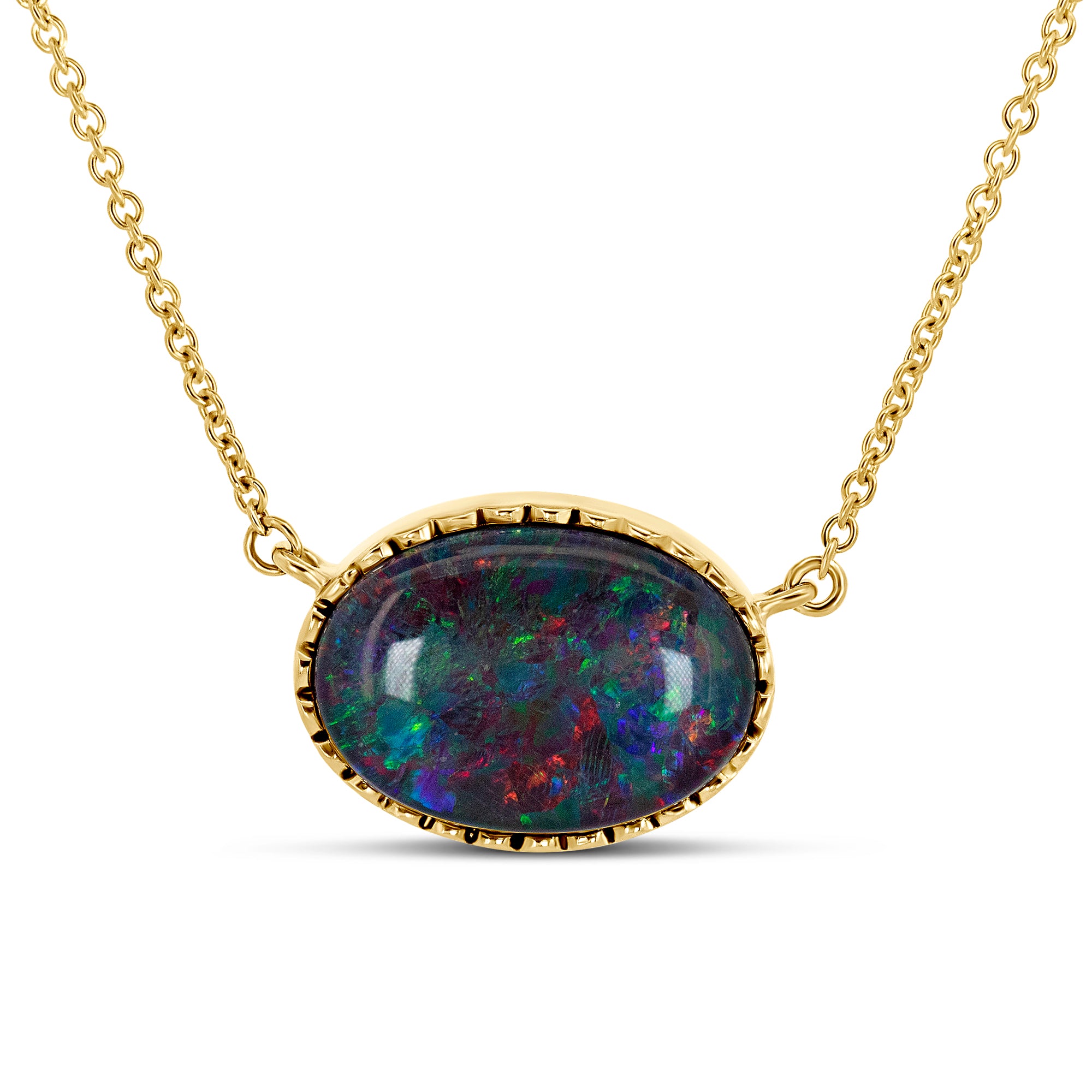 14K Yellow Gold Created Black Opal Scalloped Bezel Necklace