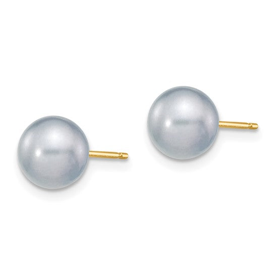 14K Yellow Gold Earrings with 7–8mm Grey Freshwater Pearls