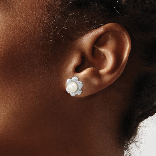 14K White Gold Flower Earrings with 3–4mm Freshwater Pearls