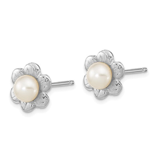 14K White Gold Flower Earrings with 3–4mm Freshwater Pearls
