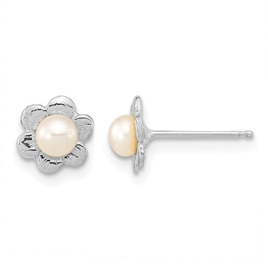 14K White Gold Flower Earrings with 3–4mm Freshwater Pearls