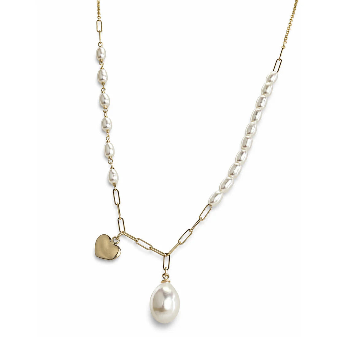14K Baroque Pearl & Paperclip Link Herat Drop Necklace