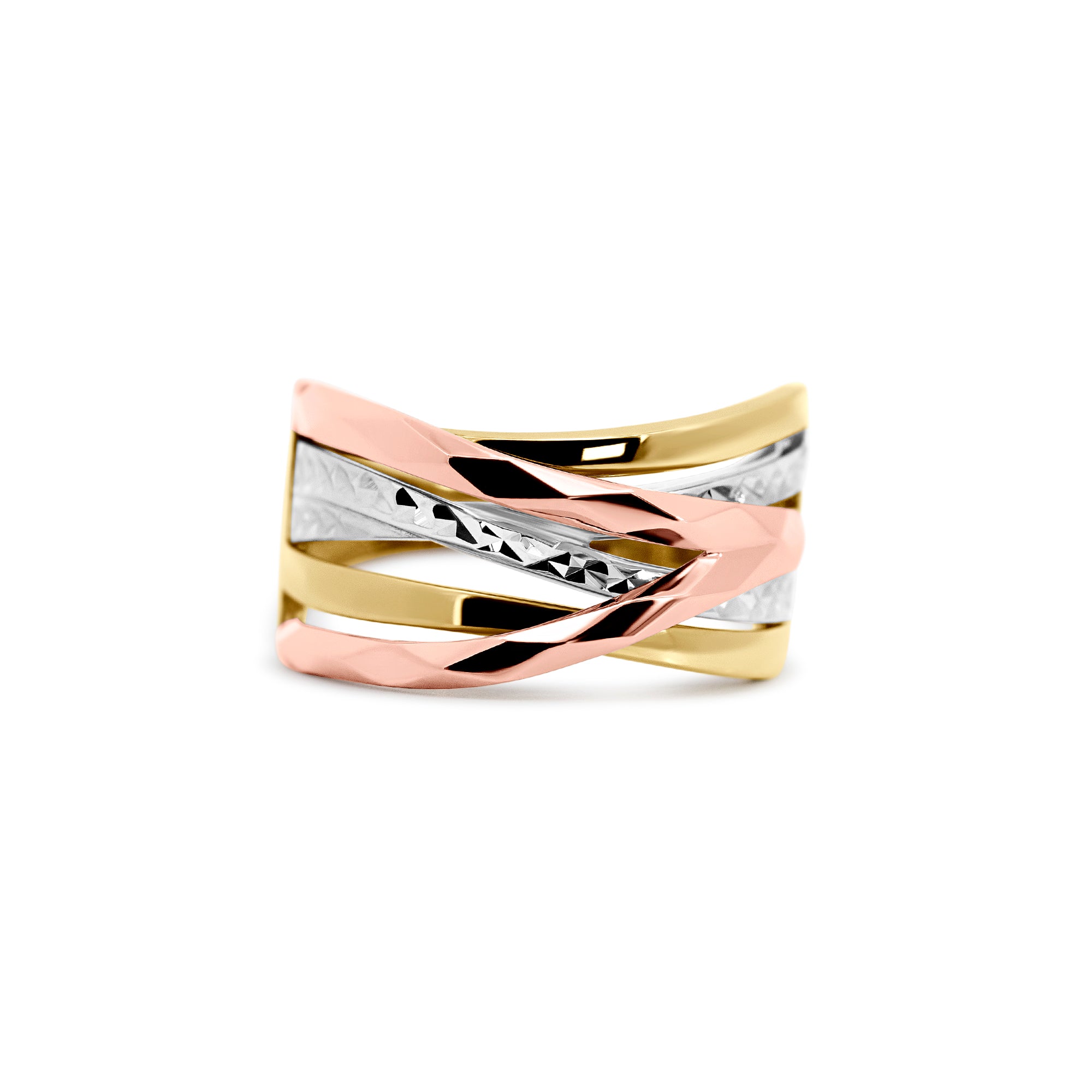 14K Tri-Tone Gold Diamond-Cut Crossover Fashion Ring