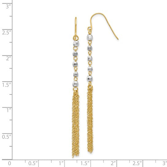 14K Two-Tone Diamond Cut Bead Tassel Dangle Earrings