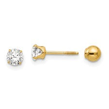 14K Yellow Gold 4mm Cubic Zirconia Reversible Ball Stud Earrings