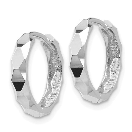 14K White Gold Diamond Cut Hinged Hoop Earrings