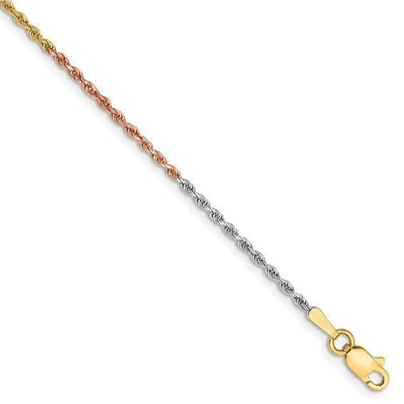 14K Tri-Tone Gold Diamond-Cut Rope Bracelet | 7 Inch Gold Bracelet