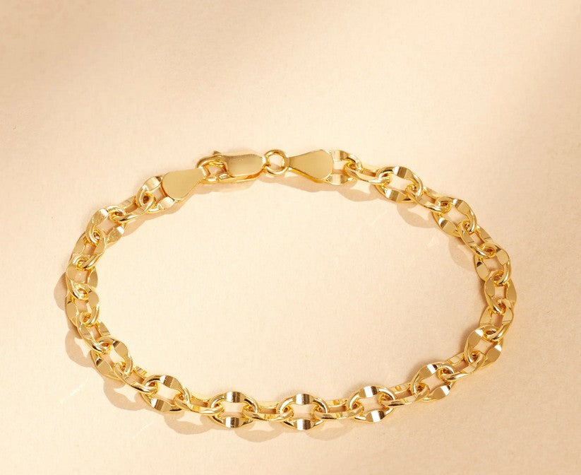 14k Gold over 925 Sterling Silver Diamond Cut Link Bracelet – Made in Italy 7"