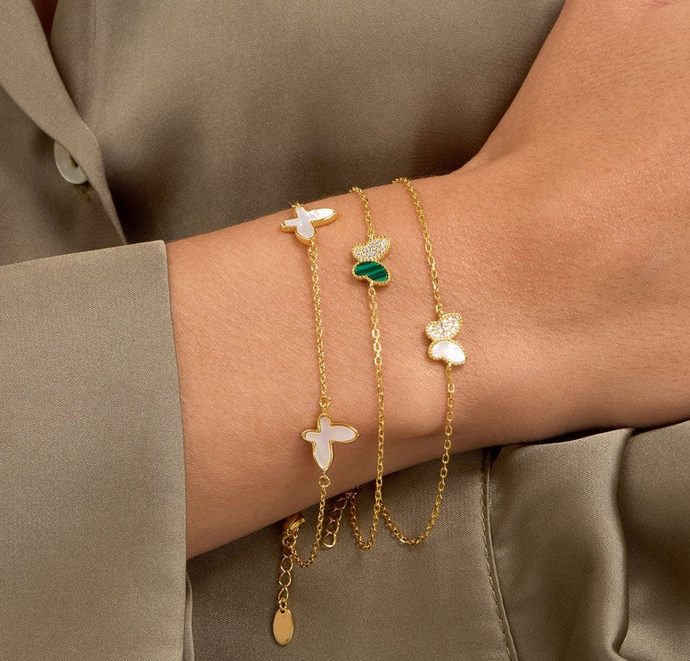 14k Over 925 Sterling Mother of Pearl Butterfly Bracelet – Adjustable 6.75–7" Chain