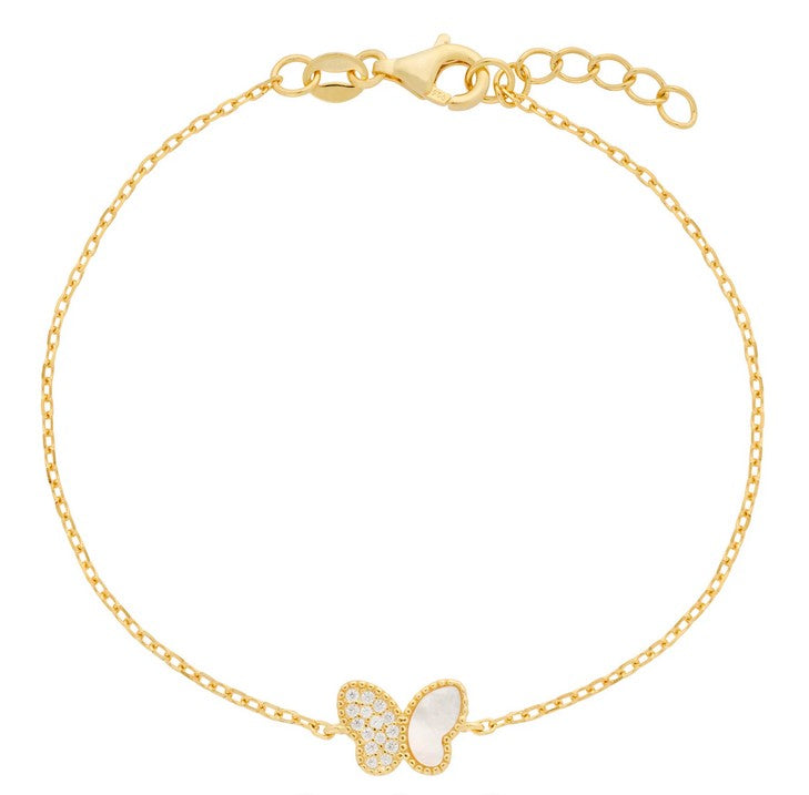 14k Over 925 Sterling Mother of Pearl Butterfly Bracelet – Adjustable 6.75–7" Chain