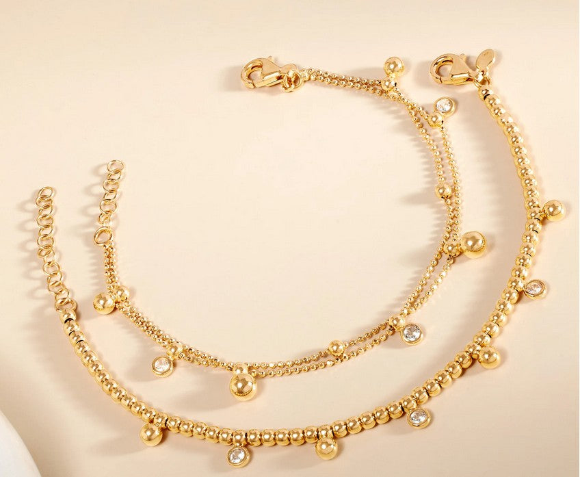 14 Karat Yellow Gold Over Sterling Silver Double Beaded CZ Bracelet