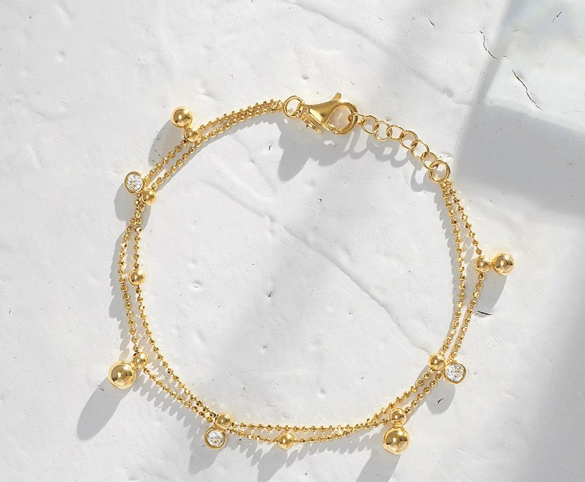 14 Karat Yellow Gold Over Sterling Silver Double Beaded CZ Bracelet