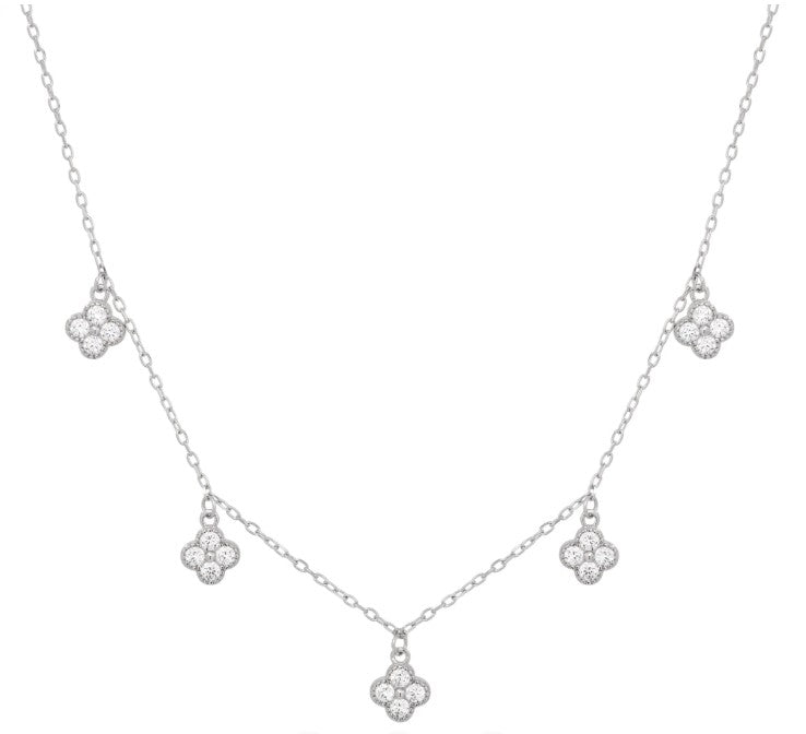 Sterling Silver Rhodium Plated Multi Clover CZ Necklace