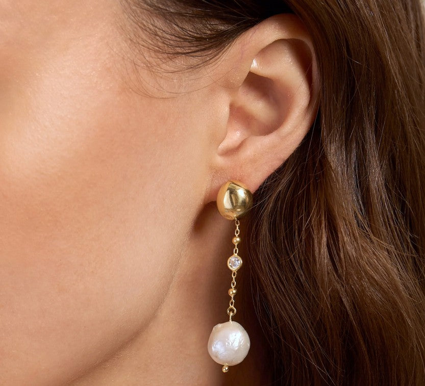 Freshwater Pearl & CZ Gold Over 925 Sterling Silver Dangle Earrings
