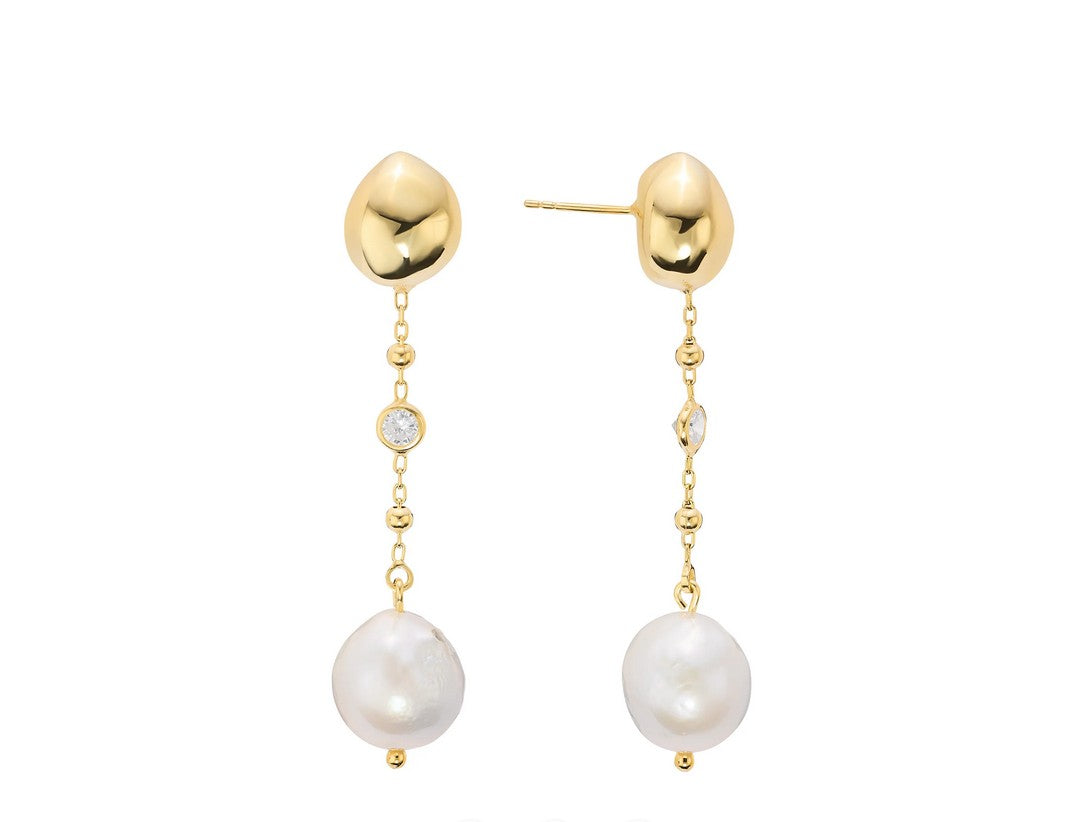 Freshwater Pearl & CZ Gold Over 925 Sterling Silver Dangle Earrings