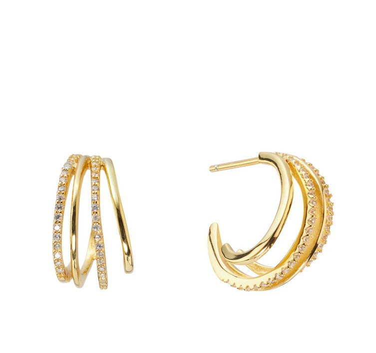 Four Row CZ Earrings Gold Over 925 Sterling Silver Hoop Earrings
