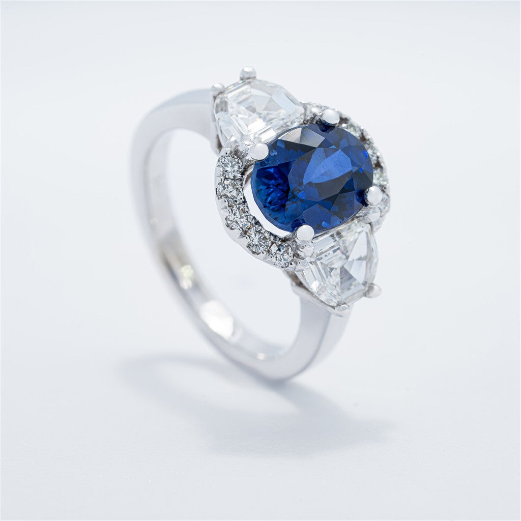 Modern Halo Three Stone Style Sapphire Ring