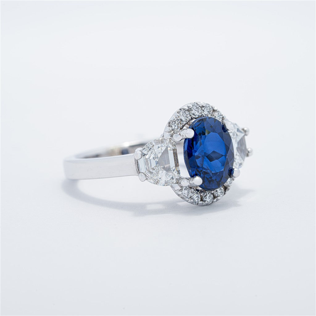 Modern Halo Three Stone Style Sapphire Ring