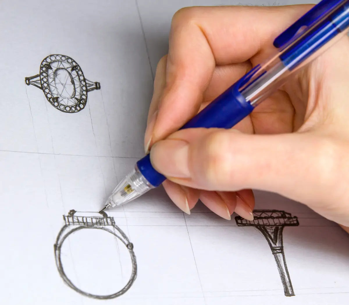 Designing a one-of-a-kind diamond ring on paper at Joe Kassab Jewelers
